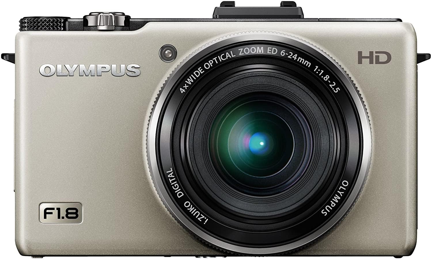 The 3 Cameras Deliver Film-Like Colors Straight Out of Camera Silver Olympus digital camera with a large lens, labeled with F1.8 and HD on the front.
