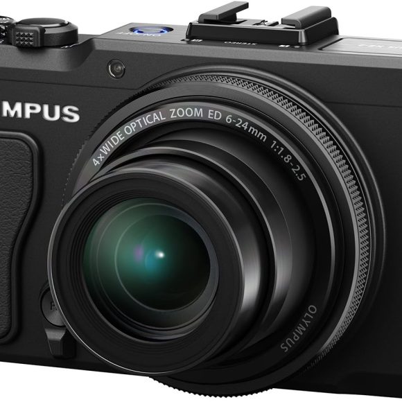 Black Olympus digital camera with a large zoom lens, photographed at an angle on a white background.