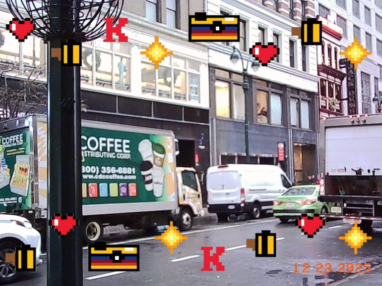 A city street with delivery trucks, pixel art icons, and a COFFEE truck in the foreground.