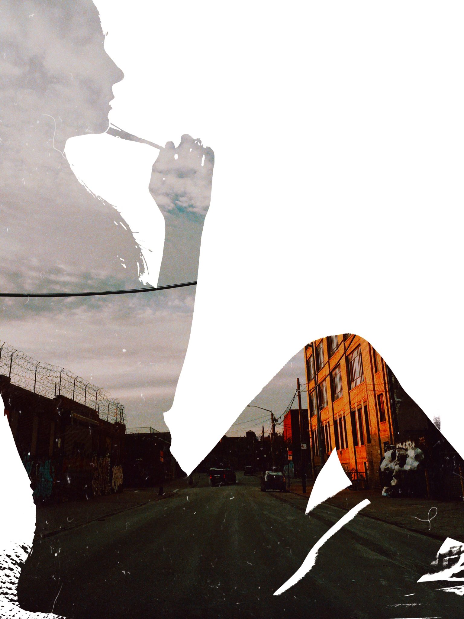 Silhouette of a person thinking, overlaid with an urban street scene and buildings at sunset.