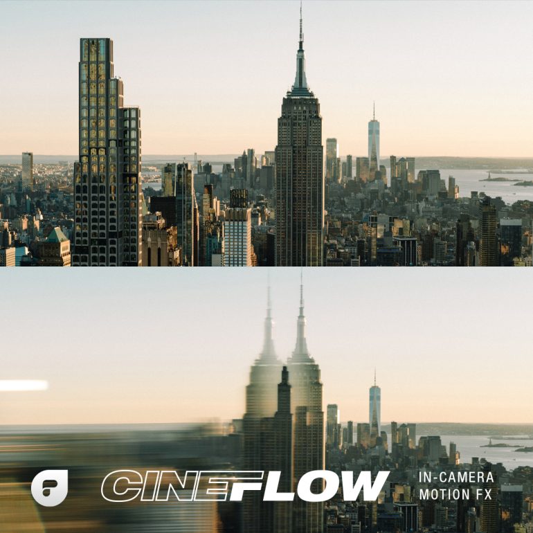 Split image of NYC skyline; top clear, bottom blurred with CINEFLOW In-Camera Motion FX text overlaid.