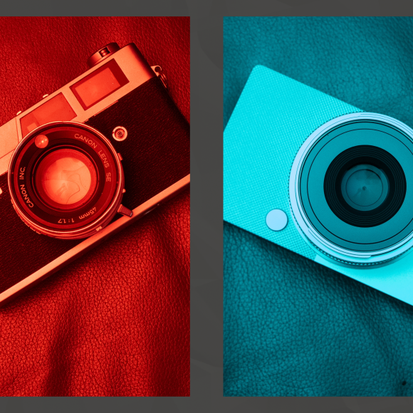 A diptych of two cameras: a vintage film camera with a red tint on the left and a modern digital camera with a blue tint on the right.