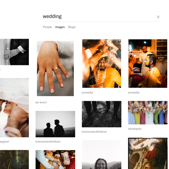 A grid of wedding-themed photos, including couples, rings, celebrations, and group portraits.