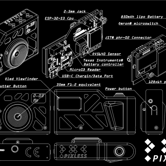Technical blueprint of a compact camera with labeled components and the PIXLESS logo at the bottom right.