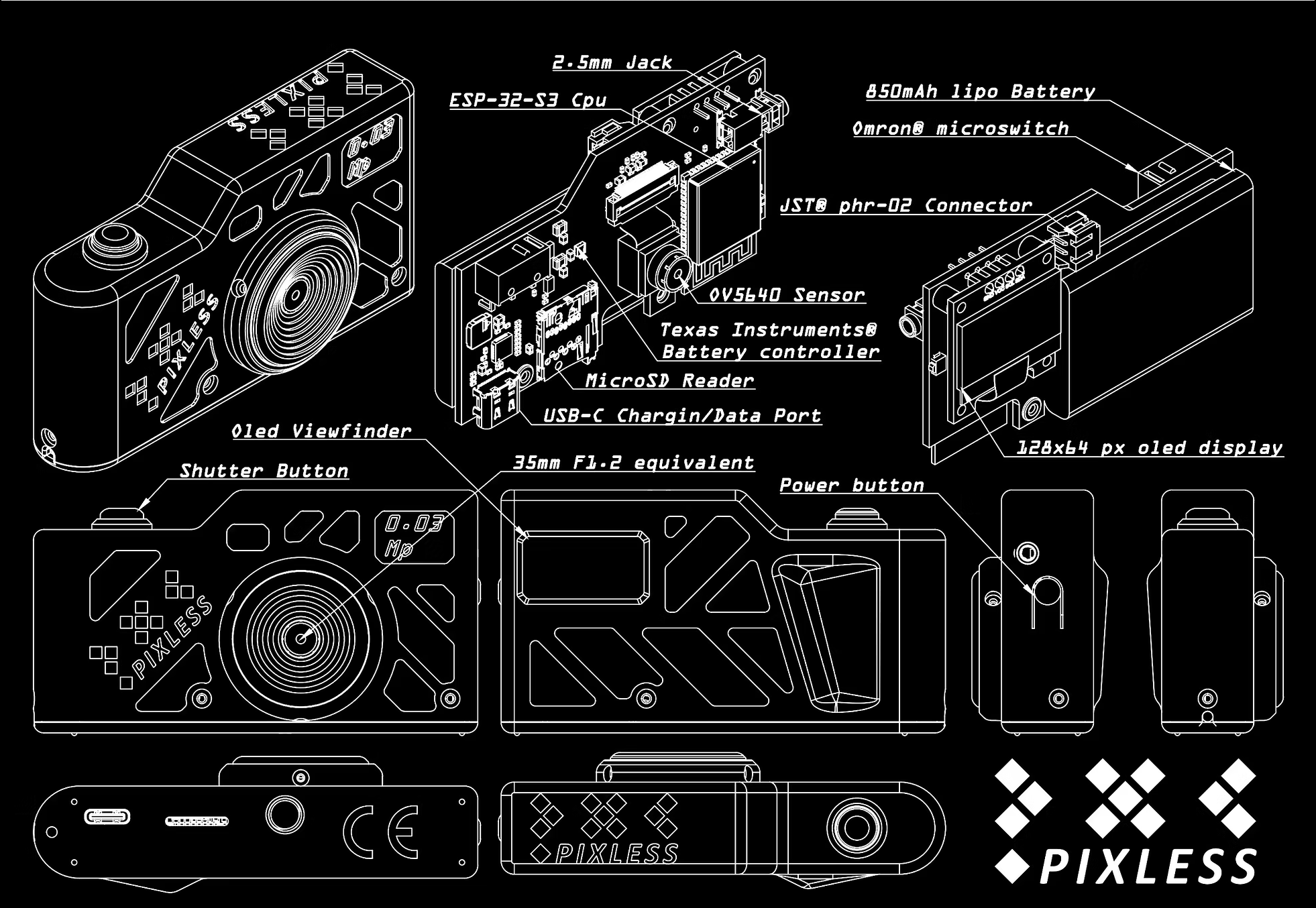 Pixless Camera Mk 1 Turns Fewer Pixels into True Works of Art Technical blueprint of a compact camera with labeled components and the PIXLESS logo at the bottom right.