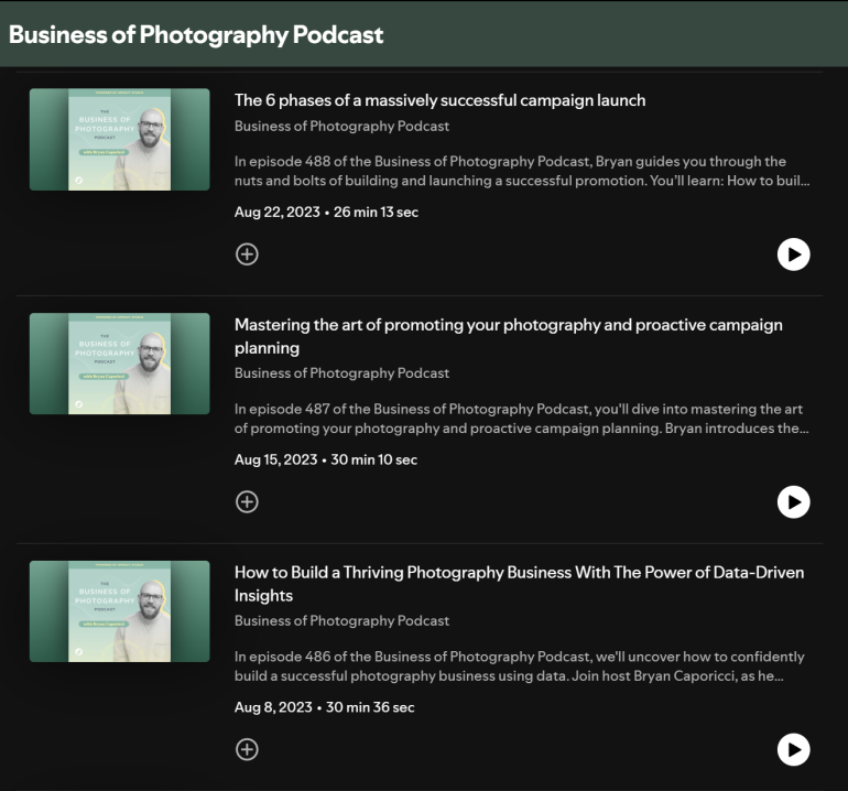 Screenshot of three Business of Photography Podcast episodes with titles, dates, durations, and play buttons.
