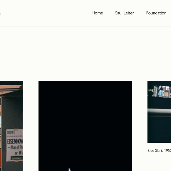 Website page for the Saul Leiter Foundation showing color street photographs and navigation menu.