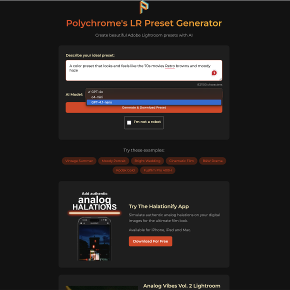 Screenshot of Polychromes LR Preset Generator website with a form to create Adobe Lightroom presets.
