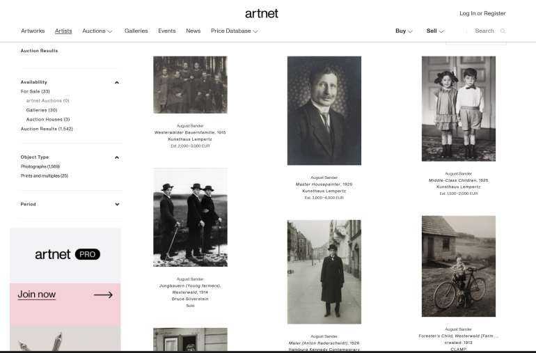 A webpage displays black-and-white August Sander portraits and a white menu sidebar on the left.