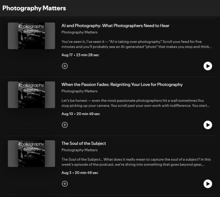 Podcast episodes titled Photography Matters with descriptions and play buttons displayed on a dark-themed interface.