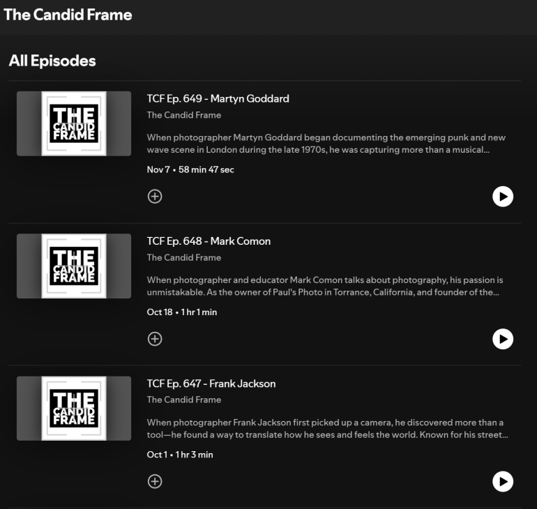 Podcast episode list for The Candid Frame with titles, descriptions, dates, and play buttons on a dark background.