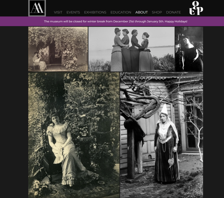 A collage of vintage black and white photos of women wearing long dresses, set in gardens and outdoor scenes.